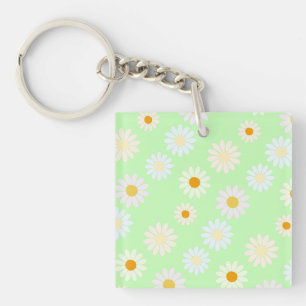 Cute watercolor colourful Daisy Pattern Green Keychain