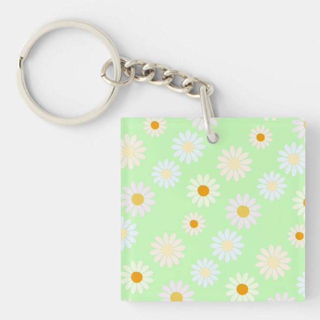 Cute watercolor colourful Daisy Pattern Green Keychain (Front)