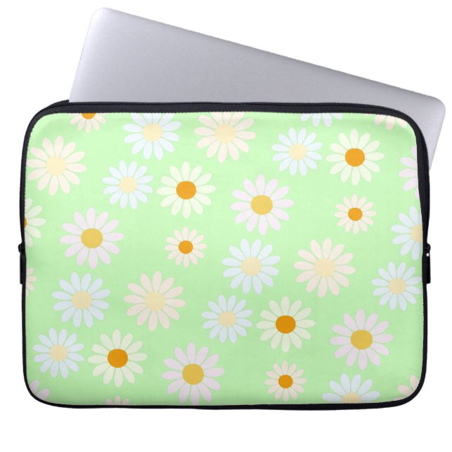 Cute watercolor colourful Daisy Pattern Green Laptop Sleeve (Front)