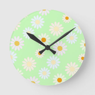 Cute watercolor colourful Daisy Pattern Green Round Clock