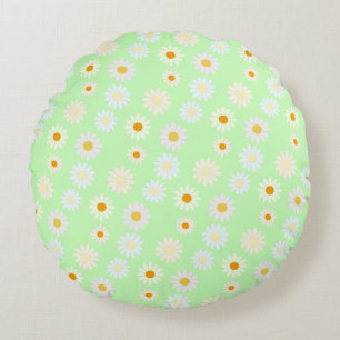 Cute watercolor colourful Daisy Pattern Green Round Pillow