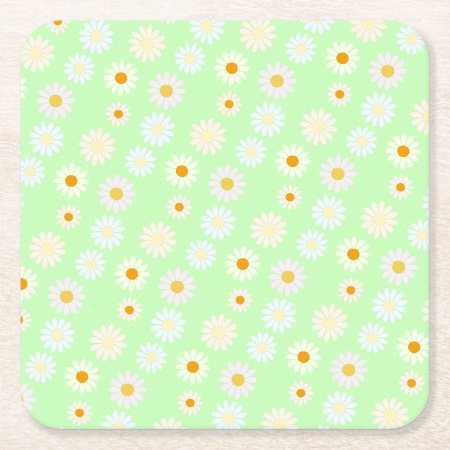 Cute watercolor colourful Daisy Pattern Green Square Paper Coaster (Front)