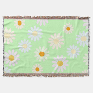 Cute watercolor colourful Daisy Pattern Green Throw Blanket