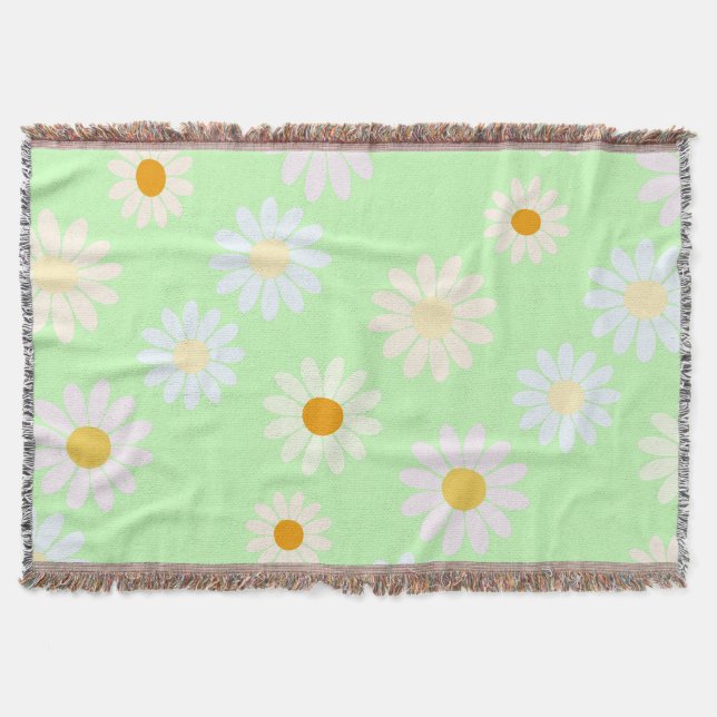 Cute watercolor colourful Daisy Pattern Green Throw Blanket (Front)