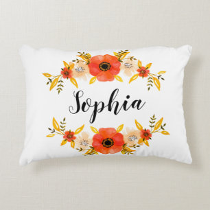 Cute Watercolor Coral Floral Wreath Custom Text Decorative Pillow