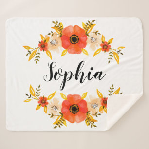 Cute Watercolor Coral Floral Wreath Custom Text Sherpa Blanket