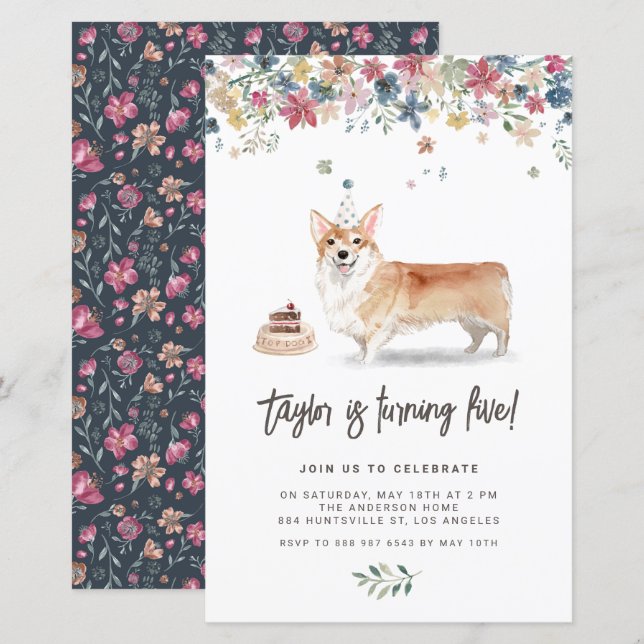 Cute Watercolor Corgi Dog Birthday Invitation (Front/Back)