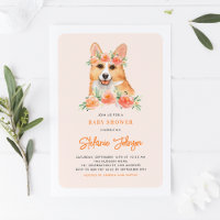 Cute Watercolor Corgi Peach Floral Baby Shower