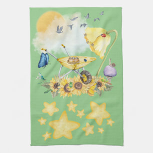 Cute Watercolor Cottagecore Yellow on green   Kitchen Towel