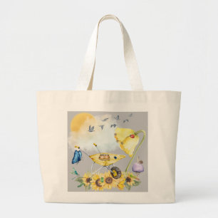 Cute Watercolor Cottagecore Yellow on grey Large Tote Bag
