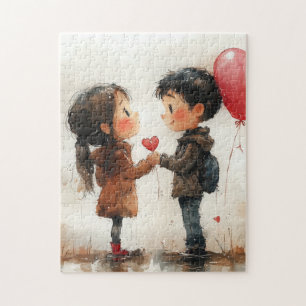Cute Watercolor Couple Heart Balloon Romantic Love Jigsaw Puzzle