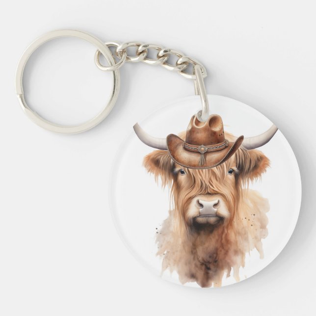 cute watercolor cow with a hat keychain (Front)