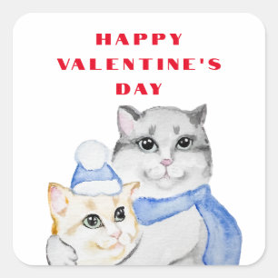 Cute watercolor cuddly cats on Valentine's Day Square Sticker