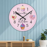 Cute Watercolor Cupcake Personalized Pink Kitchen Round Clock<br><div class="desc">Personalized kitchen wall clock with cute watercolor sweet treats-cupcakes and cookies.</div>