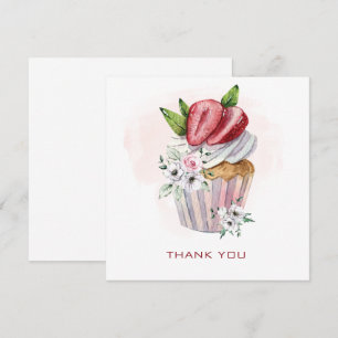 Cute watercolor cupcake, strawberry, floral thanks thank you card