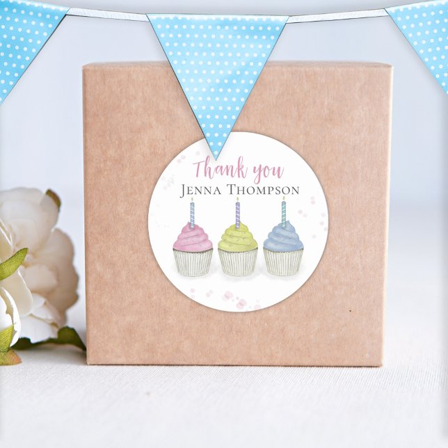 Cute Watercolor Cupcakes Whimsical Thank You Classic Round Sticker (Creator Uploaded)