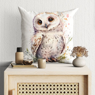 Cute Watercolor Cute Owl Woodland Throw Pillow