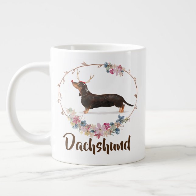Cute Watercolor Dachshund Floral Christmas Large Coffee Mug (Left)