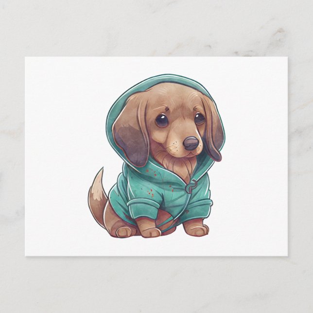 Cute Watercolor Dachshund Puppy in Sweater Postcard (Front)
