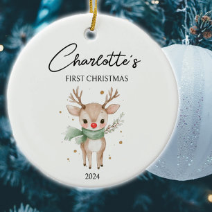 Cute Watercolor Deer Custom Baby First Christmas Ceramic Ornament