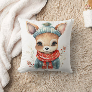 cute watercolor deer girl in a New Year's sweater Throw Pillow