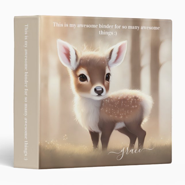 Cute Watercolor Deer Woodland Forest Name Beige Binder (Front/Spine)