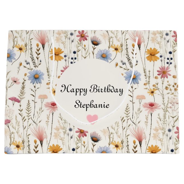 Cute Watercolor Delicate Flowers Foliage Pattern Large Gift Bag (Front)