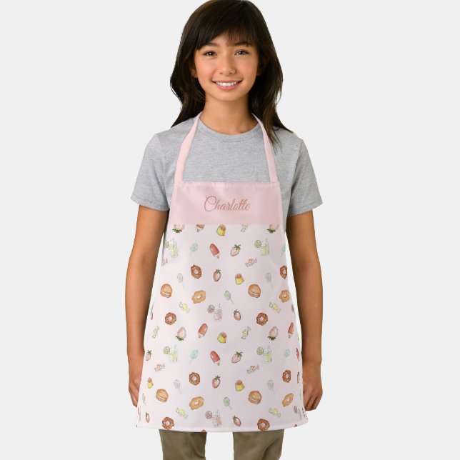 Cute Watercolor Dessert Pattern Pink Name Kids Apron (Insitu)