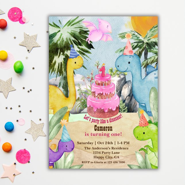 Cute Watercolor Dinosaur 1st Birthday Party Invitation (Creator Uploaded)