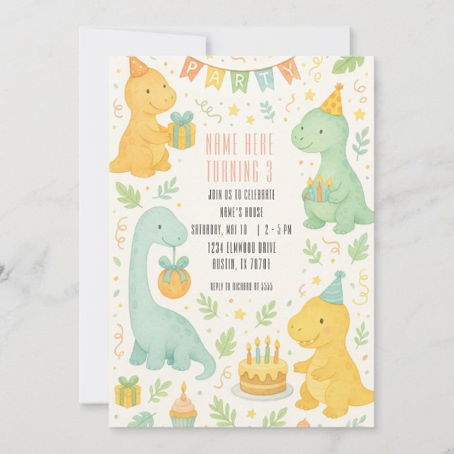 Cute Watercolor Dinosaur 3rd Birthday Invitation  (Front)