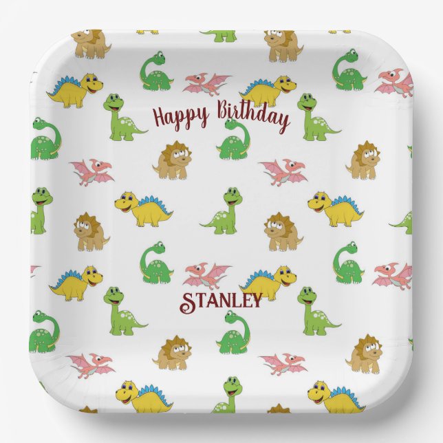 Cute Watercolor Dinosaur Animal Pattern Birthday Paper Plate (Front)
