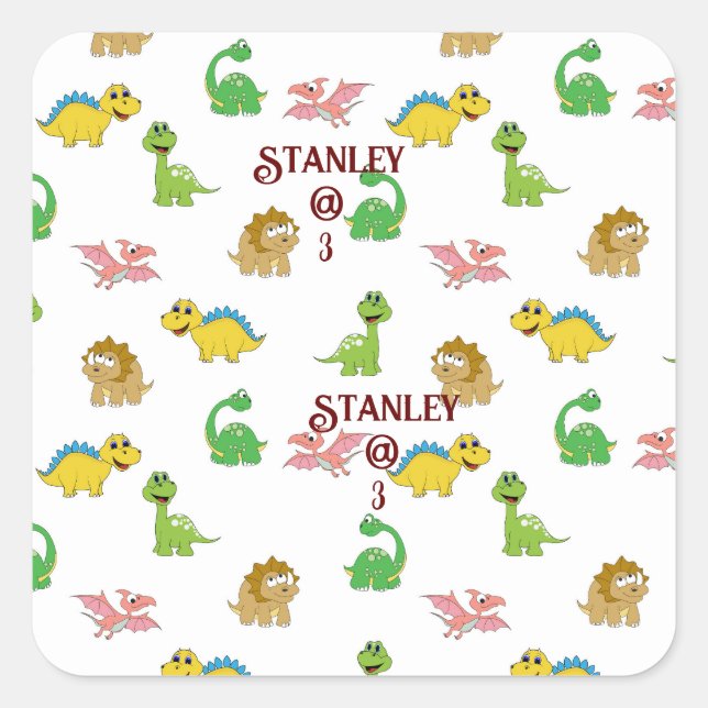Cute Watercolor Dinosaur Animal Pattern Birthday Square Sticker (Front)