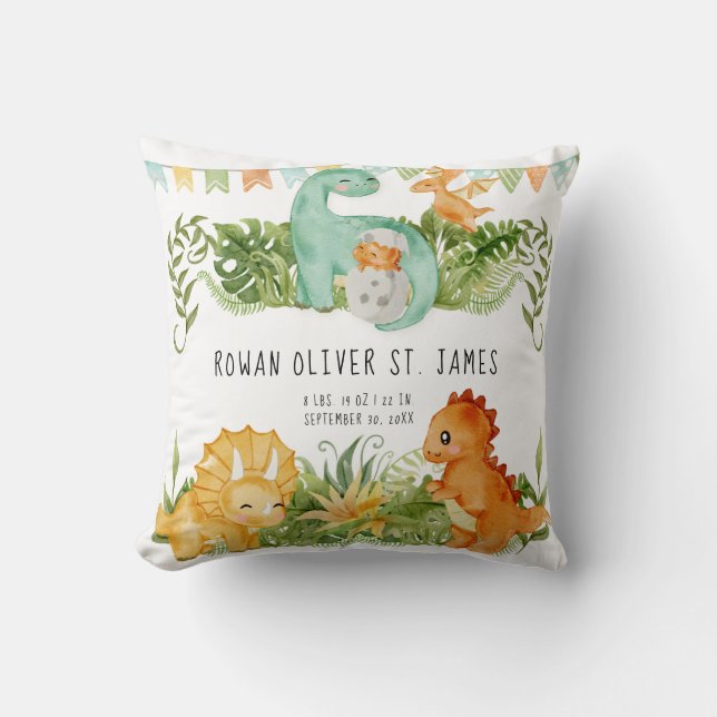 Cute Watercolor Dinosaur Baby Nursery Birth Stats Throw Pillow (Front)
