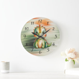 Cute Watercolor Dinosaur Baby Shower Large Clock
