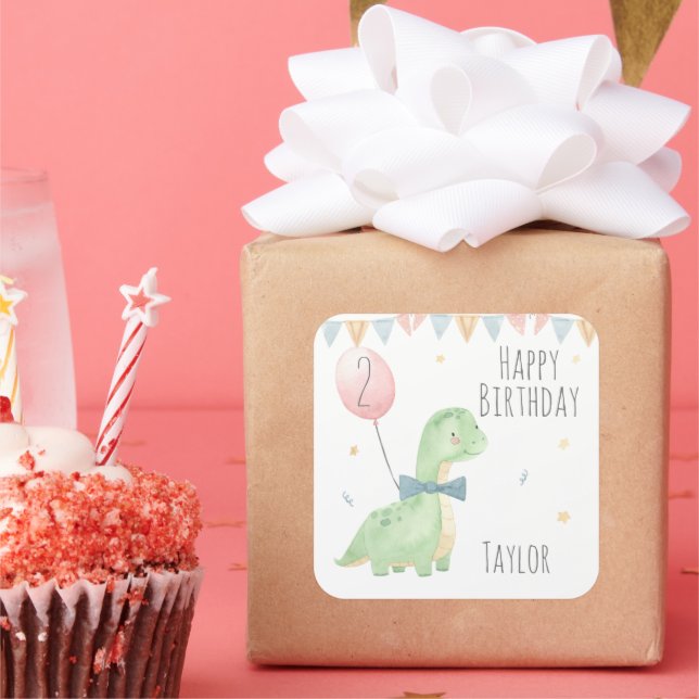 Cute Watercolor Dinosaur Birthday Boy Personalized Square Sticker (Party)