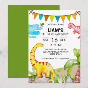 Cute Watercolor Dinosaur Birthday Party Invitation