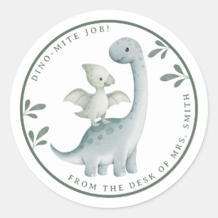 Cute Watercolor Dinosaur From The Desk Of Teacher Classic Round Sticker