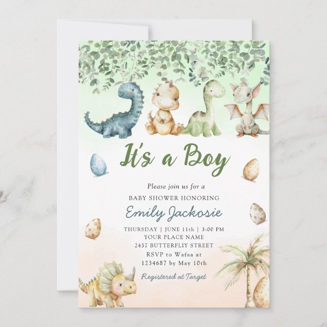 Cute watercolor Dinosaur 'It's a Boy' Baby Shower  Invitation (Front)