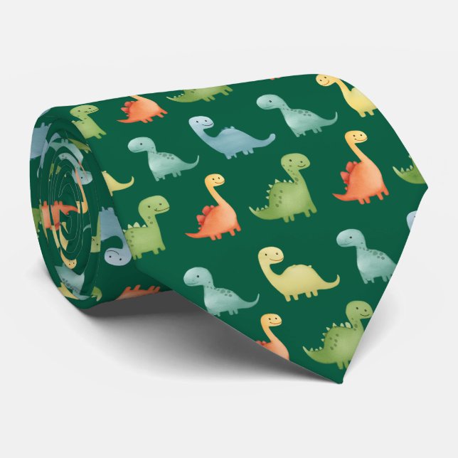 Cute Watercolor Dinosaur Pattern Tie (Rolled)