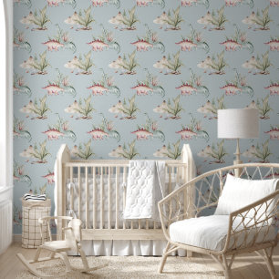 Cute Watercolor Dinosaur Tropical Jungle Nursery Wallpaper