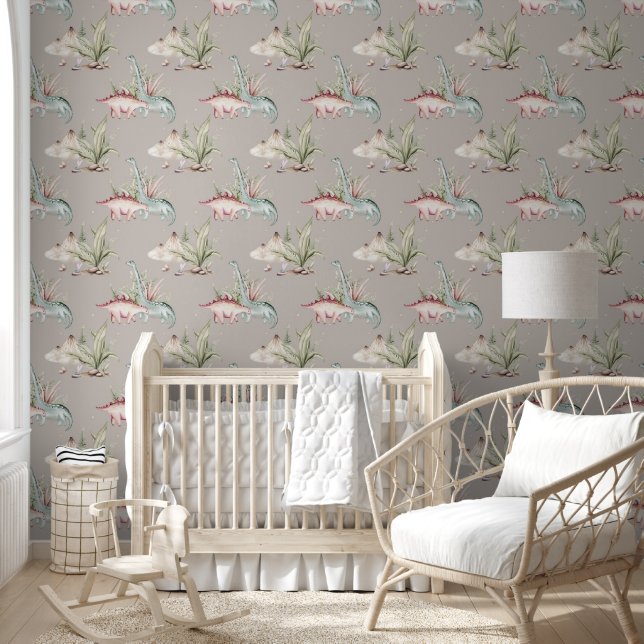 Cute Watercolor Dinosaur Tropical Jungle Nursery Wallpaper (Kids)