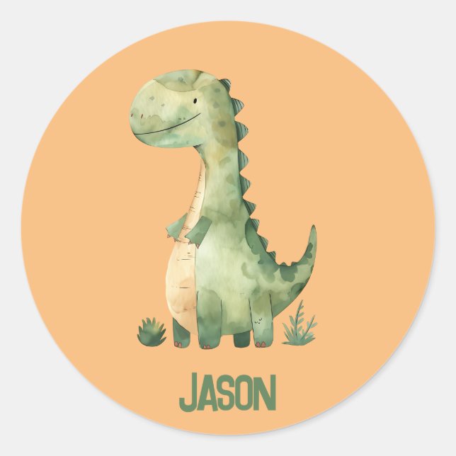 Cute Watercolor Dinosaur With Kids Name Classic Round Sticker (Front)