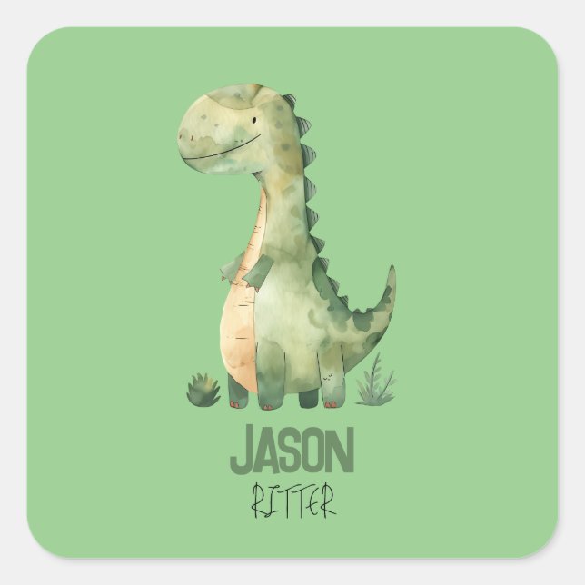 Cute Watercolor Dinosaur With Kids Name Square Sticker (Front)