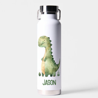 Cute Watercolor Dinosaur With Kids Name Water Bottle