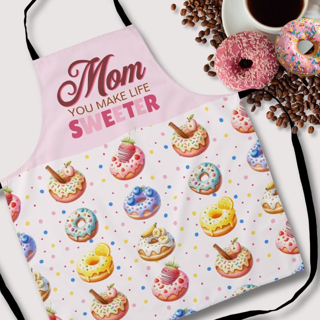 Cute Watercolor Doughnut Mom You Make Life Sweeter Apron (Creator Uploaded)