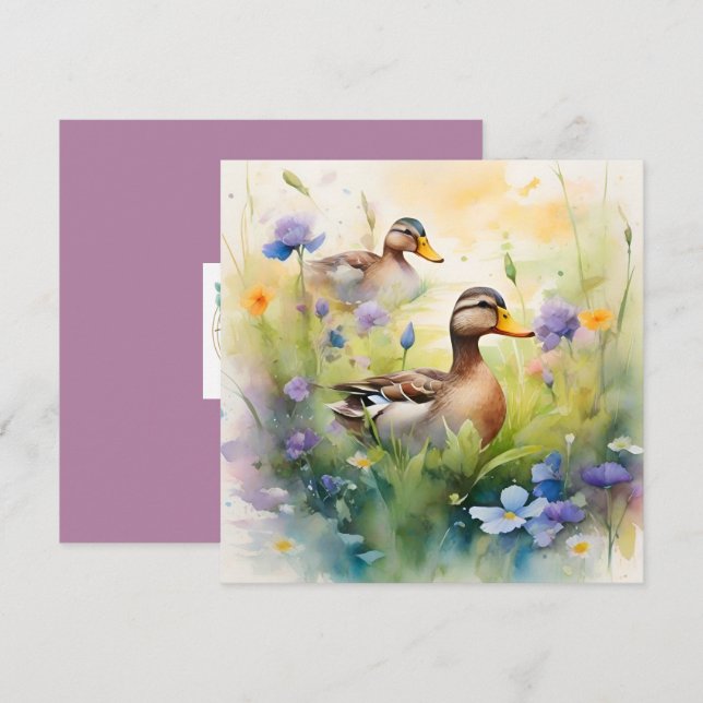 Cute Watercolor Duck N Wildflowers Blank  Card (Front/Back)