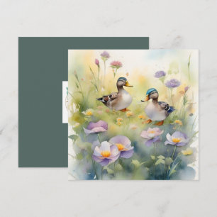 Cute Watercolor Duck N Wildflowers Blank Holiday Card