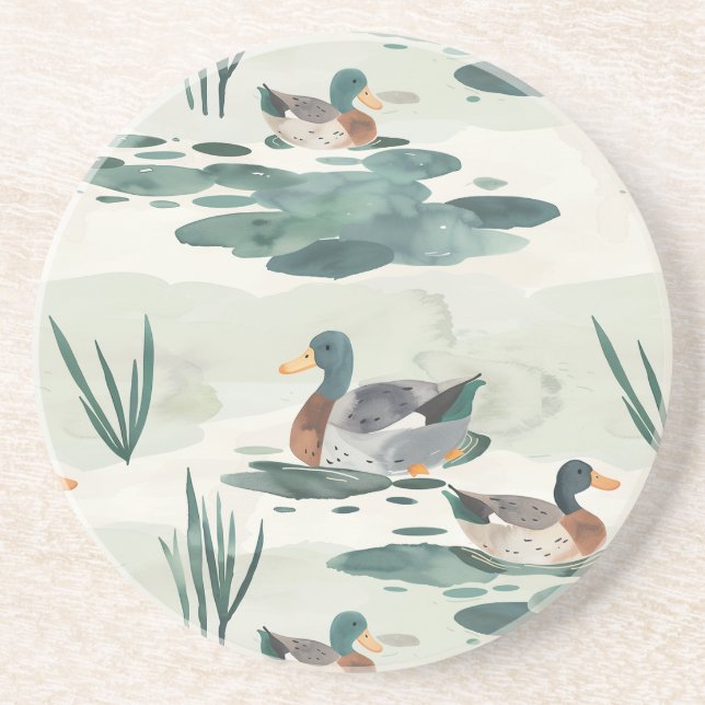 Cute watercolor ducks pattern coaster (Front)