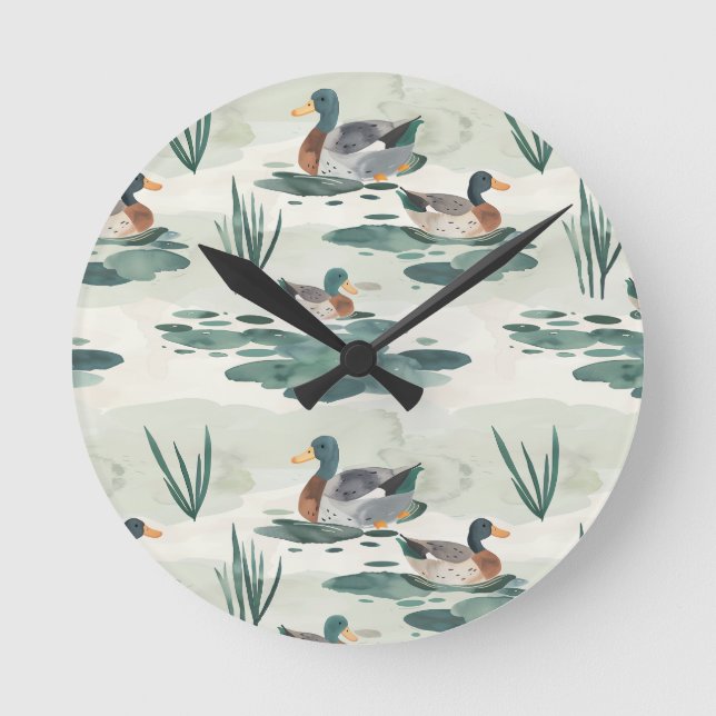 Cute watercolor ducks pattern round clock (Front)