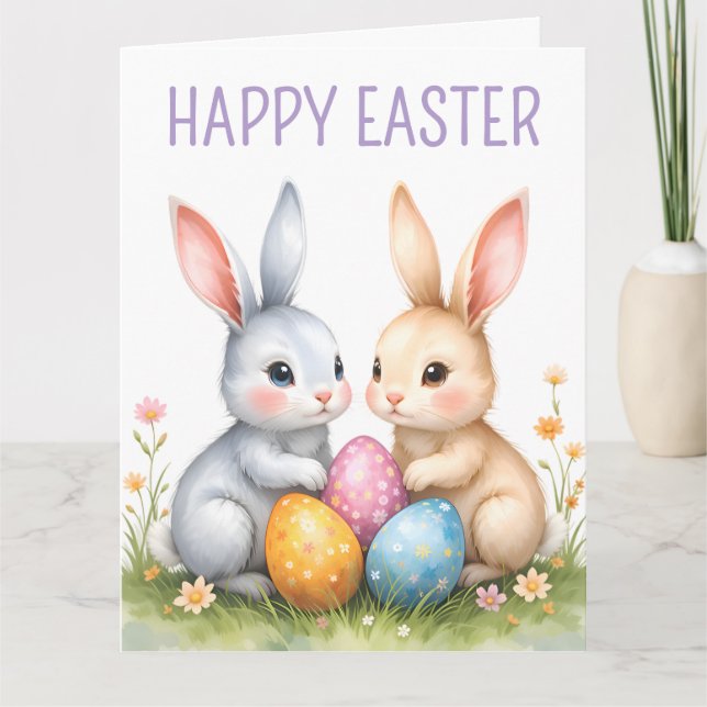 Cute Watercolor Easter Bunnies Happy Easter Card (Front)